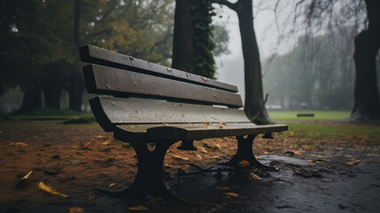Empty bench in autumn rainy park.