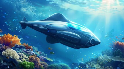 Futuristic marine life conservation, biotech sharks, vivid