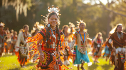 Fototapeta premium Native American children in traditional clothing dancing at a festival