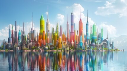 Giants in urban planning for magical cities, colorful landscapes