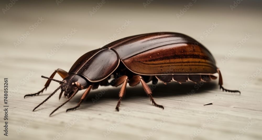 Sticker  Close-up of a shiny, brown beetle on a wooden surface