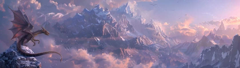 Gordijnen Majestic dragons perched atop snow-capped mountains, dawn © kitinut