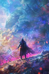Medieval knight encountering an alien life form, colorful theme