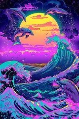 Fototapeta na wymiar dolphin swimming with fluorescent dolphins, abstract ocean waves