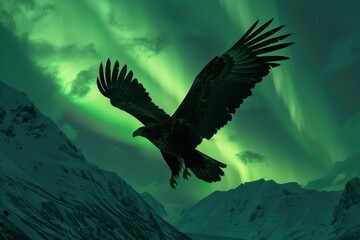 Mountain peaks touching aurora-filled skies, macro eagles