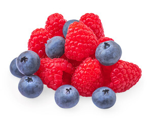 Mix berries  isolated on white background. Various Berries Macro. Raspberry with  Blueberry Top view. Flat lay..