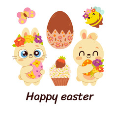 Cute Easter card. Vector illustration. Spring collection of cute bunny, flowers and sweets. For poster, card, scrapbooking , stickers