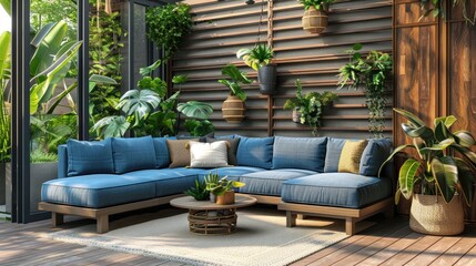 a sectional sofa with blue cushioned cushions, planters, and a wall with plants
