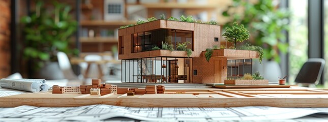 a house on top of blueprints and bricks - 748053425