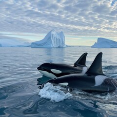 Orcas as guides in polar expeditions, bright icebergs