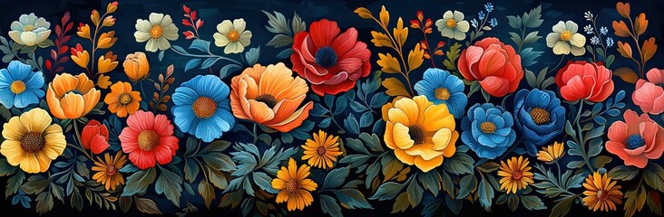 Seamless border with colorful flowers on dark background