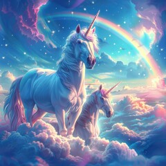 A dreamy landscape with majestic unicorns, sparkling rainbows, and fluffy clouds