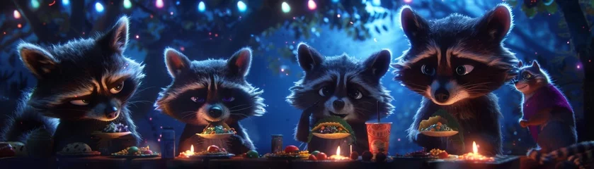 Fotobehang Raccoons hosting a midnight taco feast, dark theme © kitinut