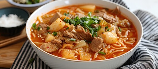 A bowl filled with Asian-style pork kimchi soup, Korean udon ramen noodles, pieces of tender meat, and assorted vegetables such as carrots, bok choy, and mushrooms.