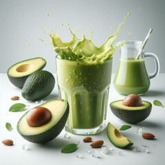avocado fruits juice with splashes in a transparent glass on a plain white background