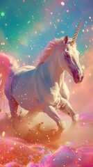 Obraz na płótnie Canvas Unicorn running across digital rainbows, macro glittering mane