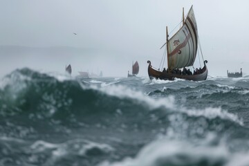 Viking longboats facing the wrath of stormy seas