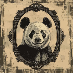 Vintage Illustration Panda with Frame