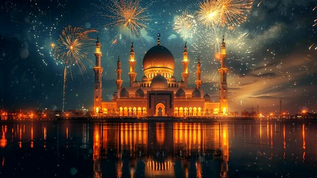 Ramadan kareem and eid mubarak islamic design with fireworks, mosque, night sky, beautiful composition