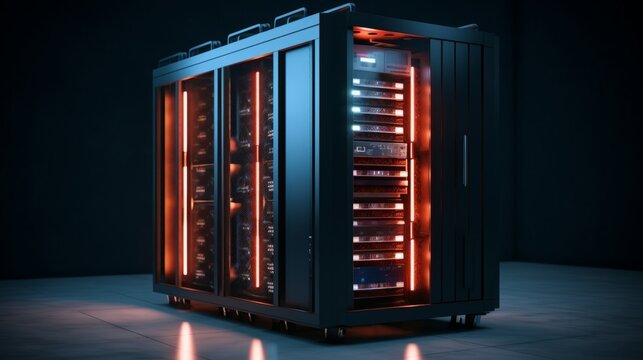 Running Server rack with orange neon lights . Isolated on dark background
