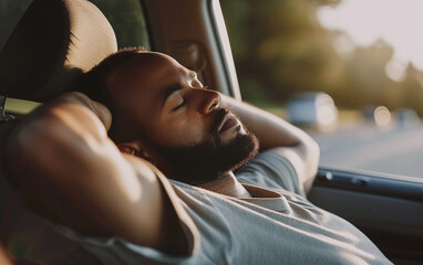 Closeup of a man sleeping in a car.