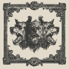 Vintage Illustration Three Headed Cerberus with Frame