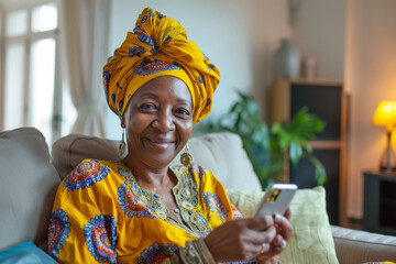 Smiling middle aged african woman with traditional head turban sitting on couch at home using smartphone. - obrazy, fototapety, plakaty