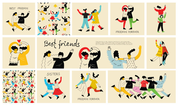 Best friends concept illustration. Vector illustration of multicultural girls and multicultural friendship. Happy friendship day. Teenage girl friends hugging and having fun.