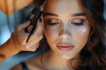 Fototapeta premium Makeup artist, makeup model. Hand of make-up master applying makeup and eyeshadow to a model