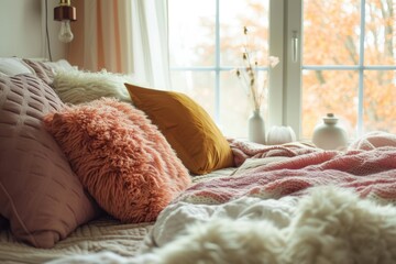 Comfortable bed with pink pillows and plaid on windowsill