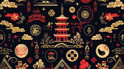 Red and Gold: An Oriental Pattern of Chinese and Japanese Icons and Symbols