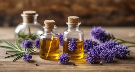  Essential oils and lavender flowers, a blend of nature's beauty and wellness