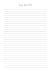 MY NOTES blank sheet of paper with straight parallel lines on white isolated background. Vector illustration.	