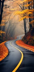 Portrait shot of a winding road curves through autumn trees