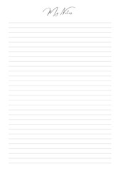 MY NOTES blank sheet of paper with straight parallel lines on white isolated background. Vector illustration.	