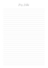 MY NOTES blank sheet of paper with straight parallel lines on white isolated background. Vector illustration.