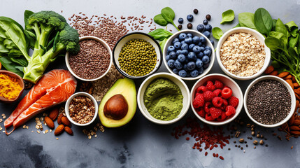 Different Superfoods on a Gray Background.