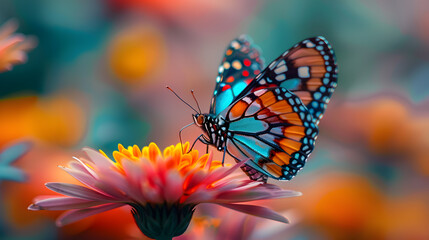 Fototapeta na wymiar A colorful butterfly resting on a flower, with a rainbow of petals as the background, during a warm summer day