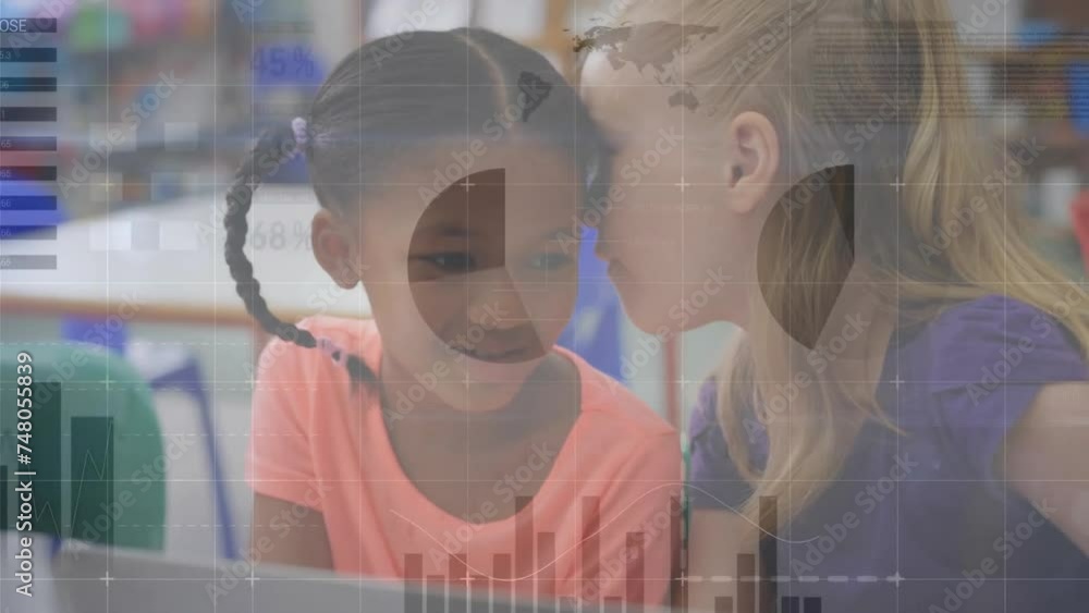 Poster animation of charts processing data over happy diverse schoolgirls whispering in class