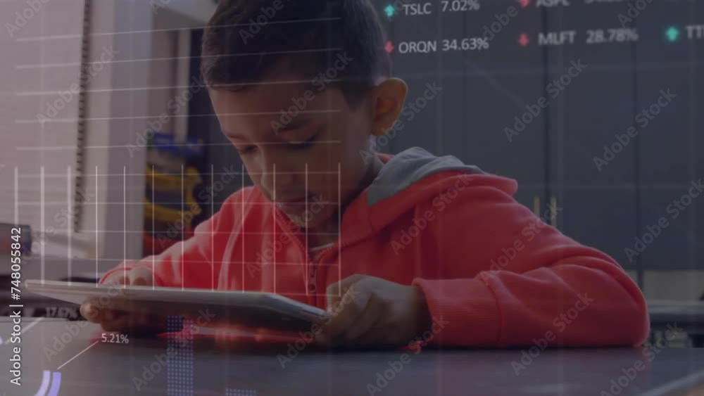 Poster animation of charts processing data over biracial schoolboy using tablet in class