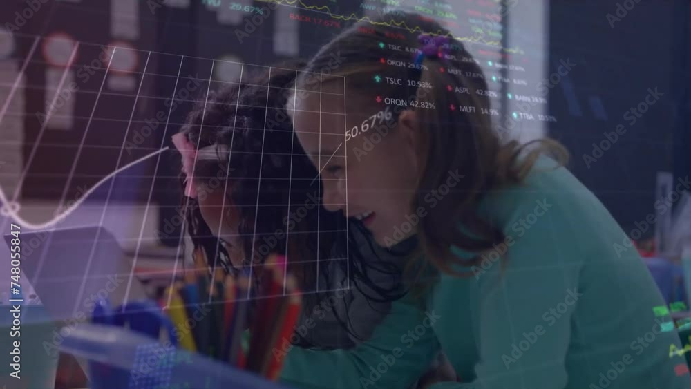 Canvas Prints Animation of charts processing data over happy diverse schoolgirls using tablet in class