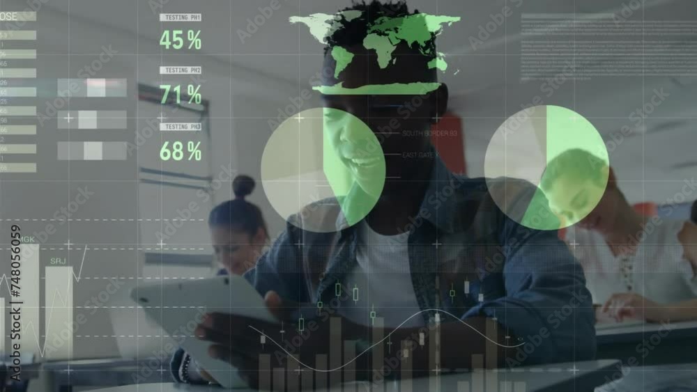 Poster animation of charts and processing data over happy diverse students using tablets in class
