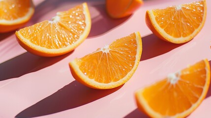 Sliced oranges on a pink surface, a vibrant image perfect for health and nutrition themes