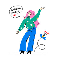 Standing confident woman with speech bubble. Embrace yourself hand drawn lettering. Feminism and self love concept. Vector flat trendy illustration