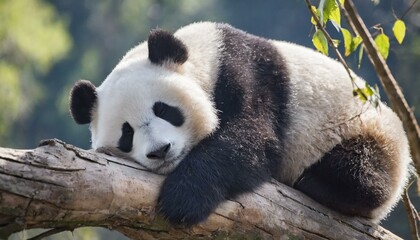 y Lazy Panda Bear Sleeping on a Tree Branch, China Wildlife. Bifengxia nature reserve, Sichuan.