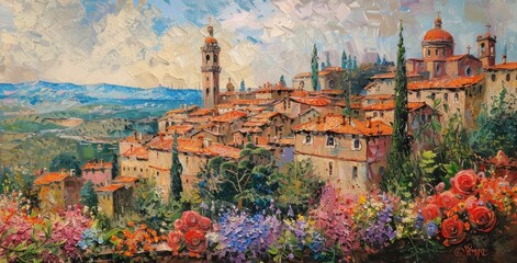 Fototapeta premium cityscape with tower buildings and flowering flowers on a canvas