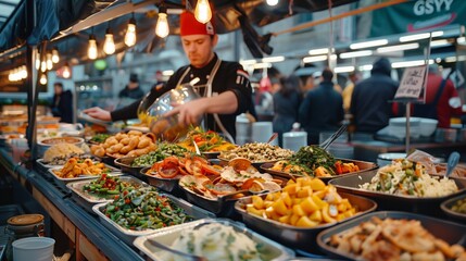 Street Food. A focused street food vendor carefully arranges a colorful array of dishes at a busy outdoor food market. - obrazy, fototapety, plakaty