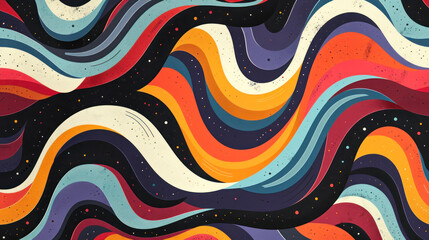 Bright Colors on a Dark Background: A Retro Pattern of Stripes and Waves