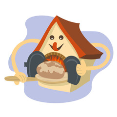 Cartoon illustration of a bakery taking bread out of its oven
