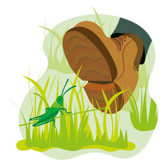 Illustration of a hiking boot from the insect perspective with a cricket "Please stay on the paths"